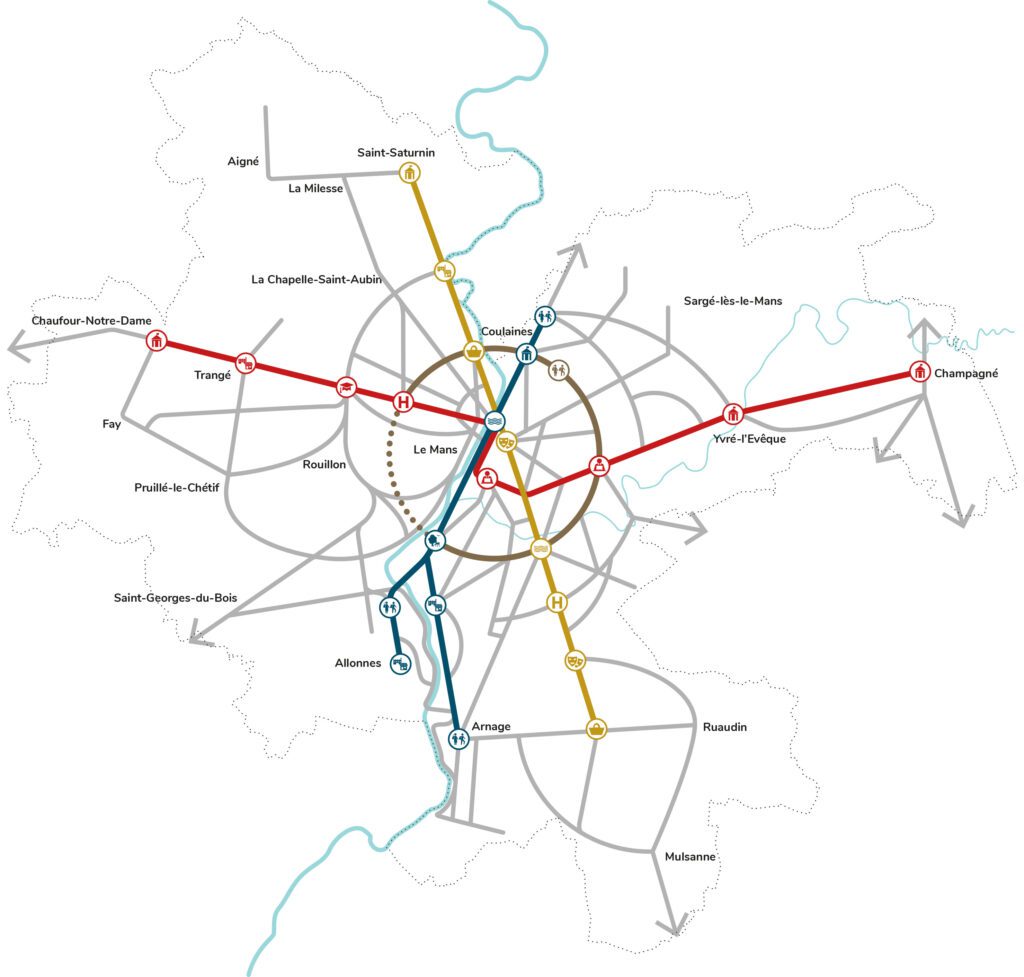 La carte des itinéraires armature du réseau Chronovélo Cykelplanlægning i Le Mans - Netværk af cykelstier