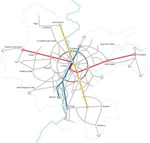 La carte des itinéraires armature du réseau Chronovélo Cycle planning in Le Mans - Network of cycle lanes
